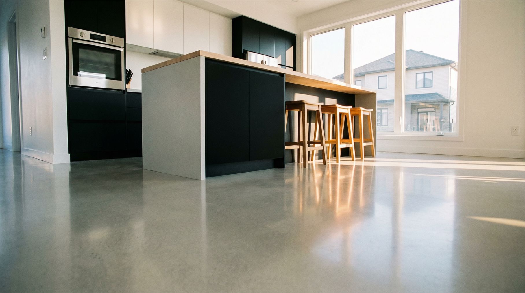 Strakke gietvloer in moderne keuken